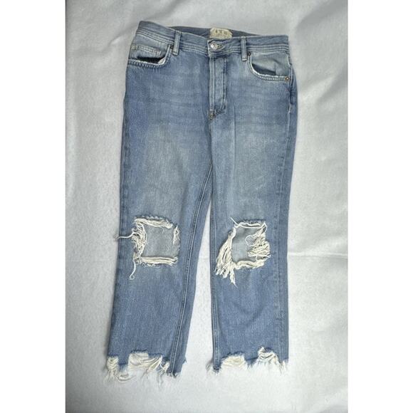 We The Free People Jeans Womens Size 27 Blue Cropped Distressed Denim Button Fly - Picture 2 of 8